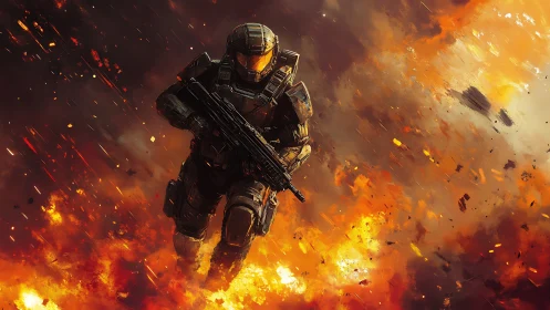 Armored sci fi soldier advancing through explosive inferno.