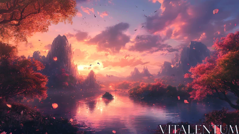 Dreamy sunset valley wrapped in glowing pink waters and trees.