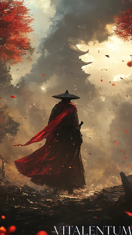 Lone samurai in crimson cloak before distant pagoda.