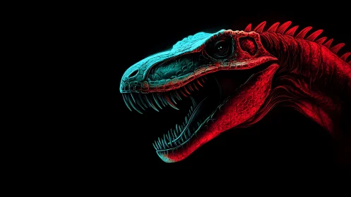 Neon-lit dinosaur profile with red and cyan contrast.