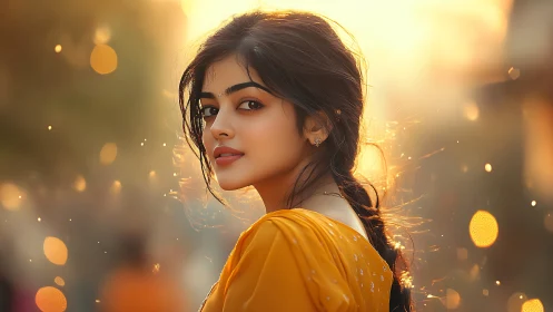 Young woman in yellow dress at sunset with bokeh lighting.