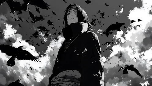 Silent shinobi stands calm as dark crows circle the sky.