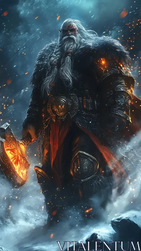 Battle-scarred frost warrior strides through burning blizzard