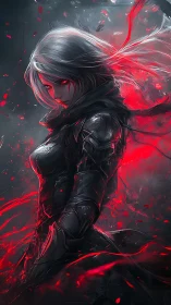 Armored female figure stands in red energy and dark haze