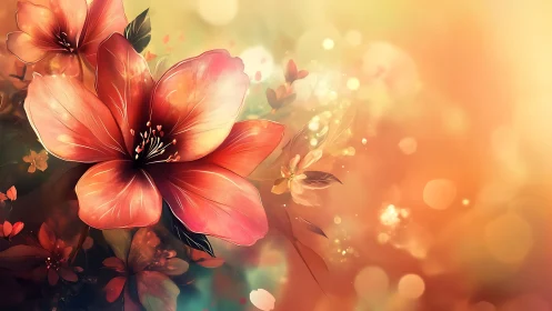 Soft coral blossoms glow gently in dreamy golden light