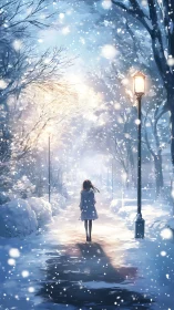 Solitary winter walk beneath glowing lampposts at dusk.