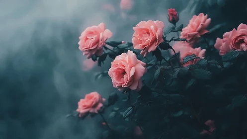 Pink Roses Bloom Against Soft Blue-Green Garden Setting