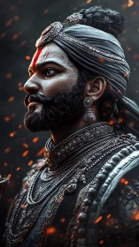 Regal warrior gazes ahead as glowing embers swirl around him