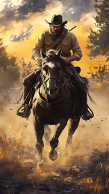 Dust-charged cowboy rides hard through burning sunset sky.