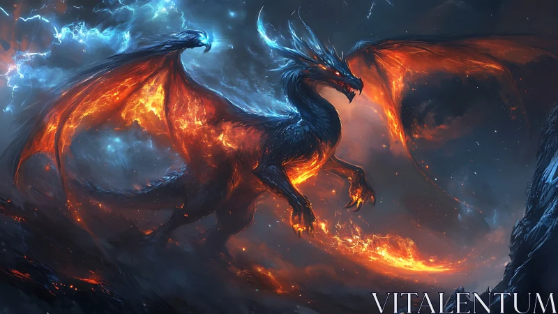 Lava-winged dragon soars through stormlit volcanic night.