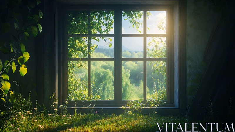 Window view over dense green foliage under soft sunlight.