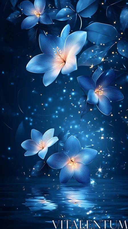 Luminous Blue Flowers Dancing in Starlight. Ethereal.
