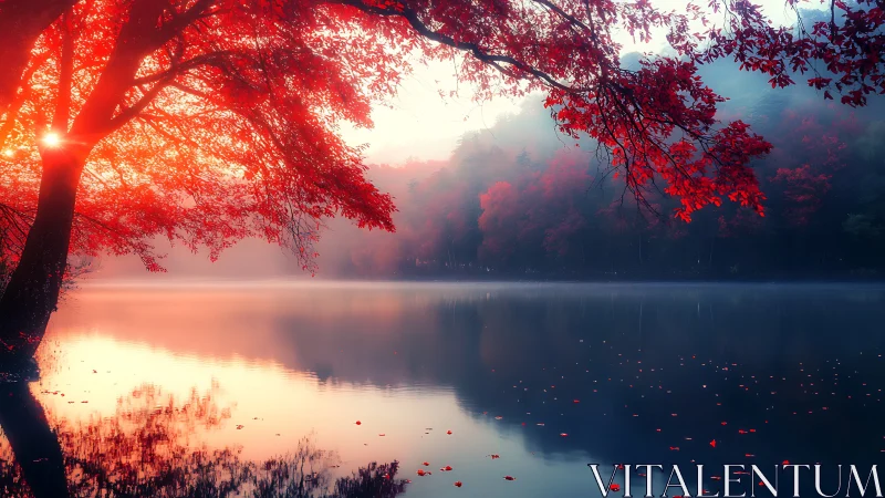Radiant autumn canopy over mist-layered reflective lake panorama.