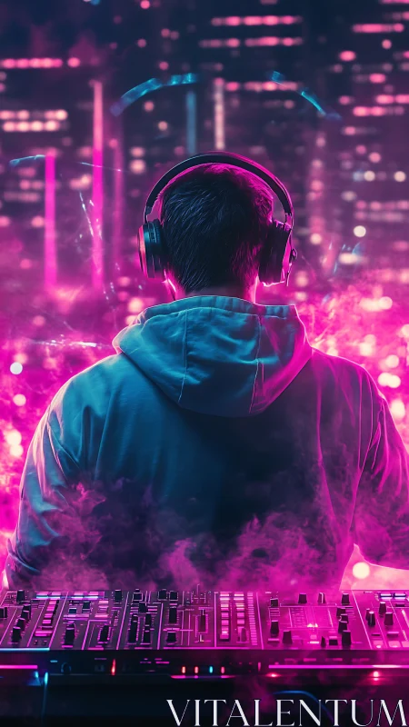 DJ in neon cityscape mixing electronic music on stage.