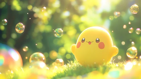Sunlit kawaii mascot amid floating iridescent bubbles.