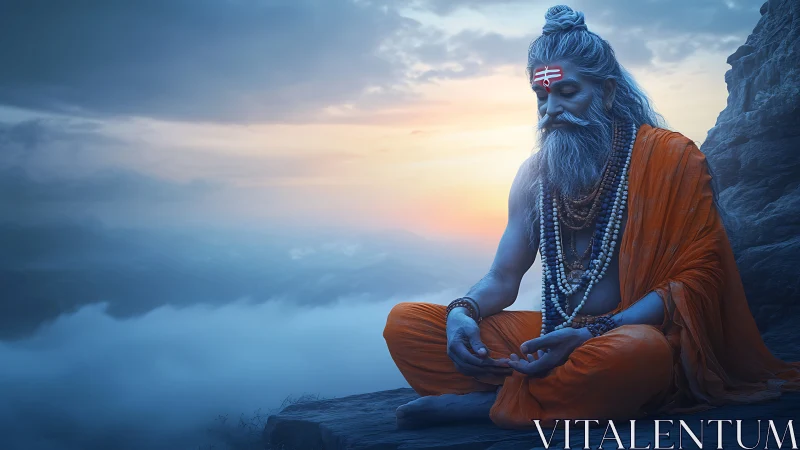 Hindu sage meditates on rocky mountain at sunrise.