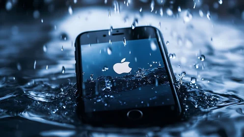 Smartphone partially submerged in water with screen on logo.