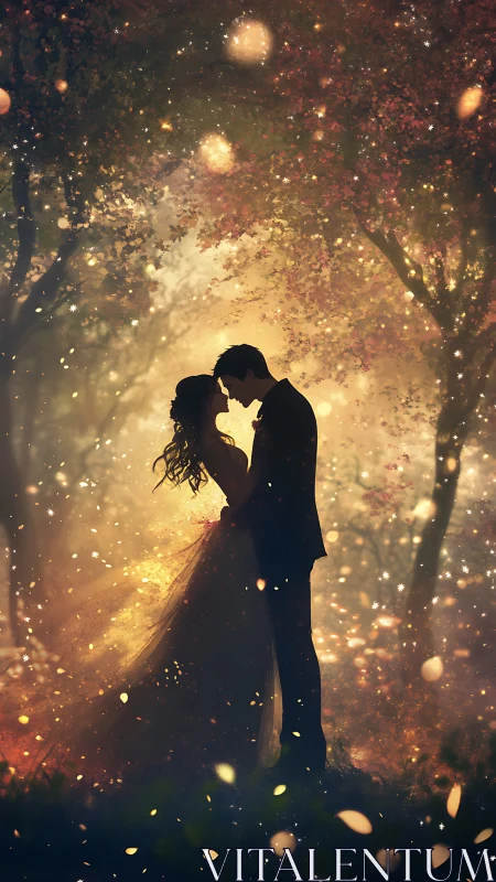 Couple silhouettes under golden autumn canopy at sunset.