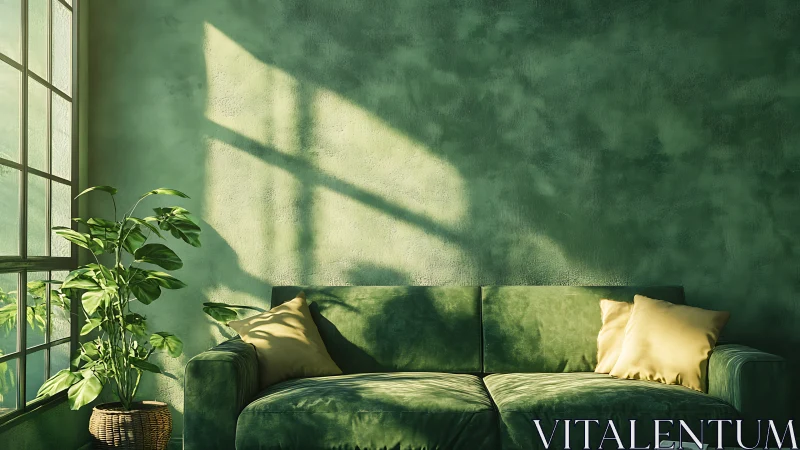 Sunlit green sofa sanctuary basking in quiet afternoon calm.