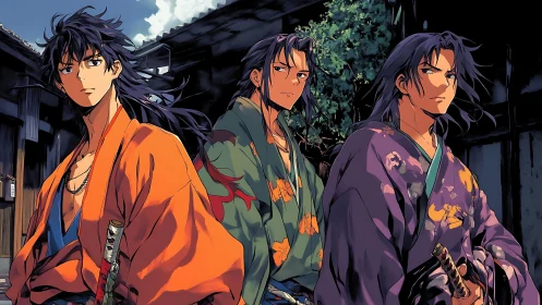 Three kimono-clad swordsmen in historical alley setting.