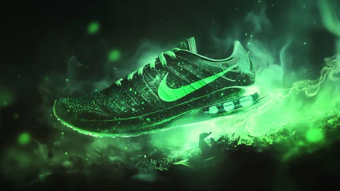 Neon green running shoe glows through swirling vapor