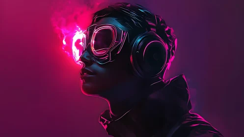 Cyberpunk portrait with neon visor and vapor glow