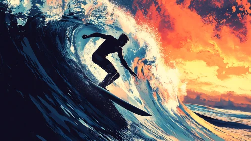 Surfer carves blazing wave under dramatic sunset sky.