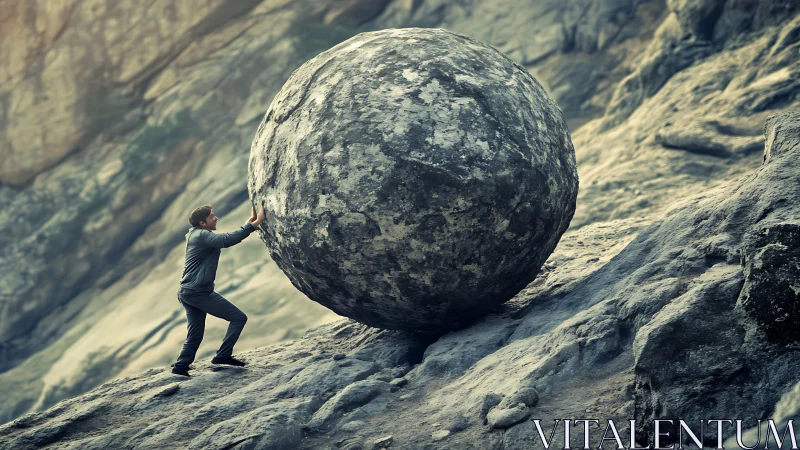 Man straining against giant boulder on rugged cliffside.