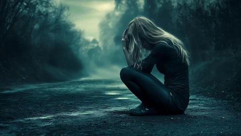 Solitary person seated on empty rural road at dusk.