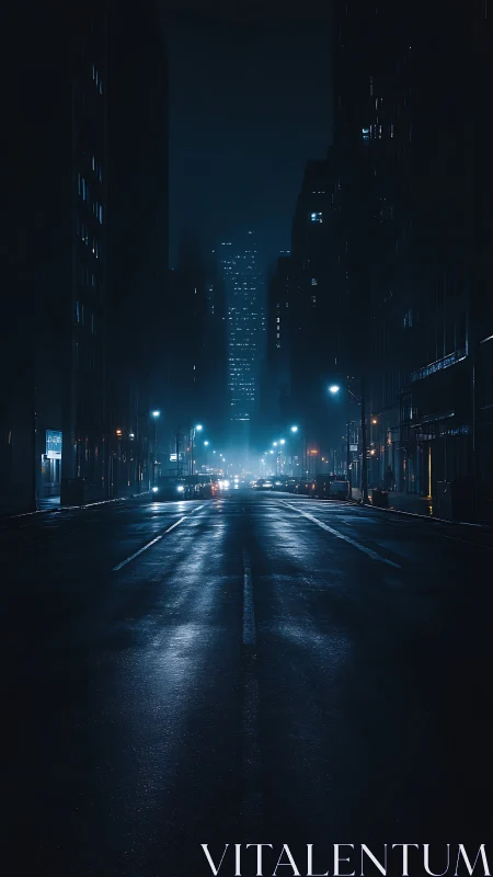 Midnight city avenue glows with misty blue neon silence