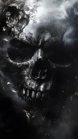 Midnight obsidian skull emerging from tattered cosmic smoke.