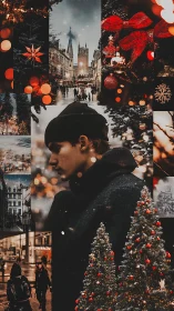 Moody winter portrait collage with festive urban bokeh toning.