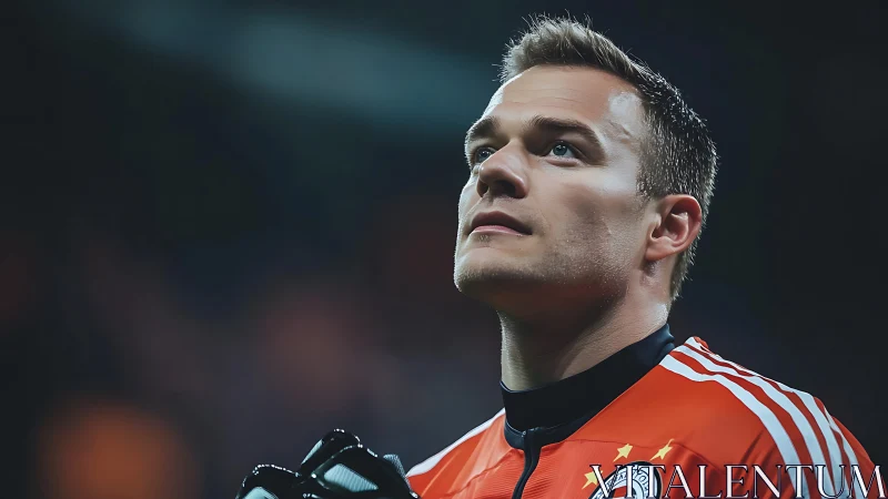 Stadium lights crown a focused goalkeeper in quiet resolve.