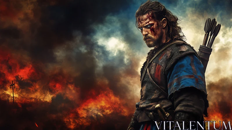 Battle-worn archer in incendiary smoke-filled war atmosphere.