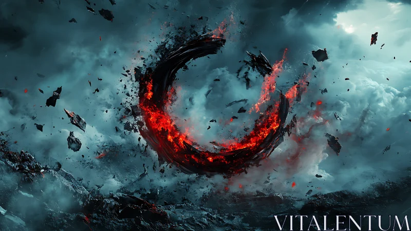 Volcanic debris torus suspended in storm-turbulent sky.