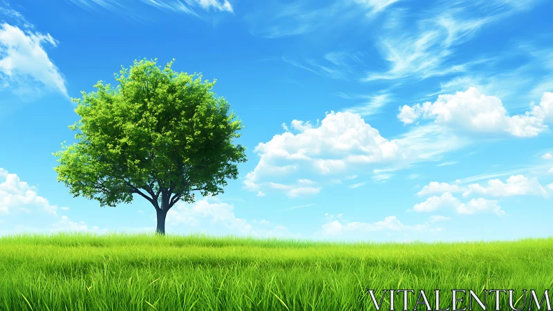 Lone green tree in lush meadow under vivid blue sky, digital art.