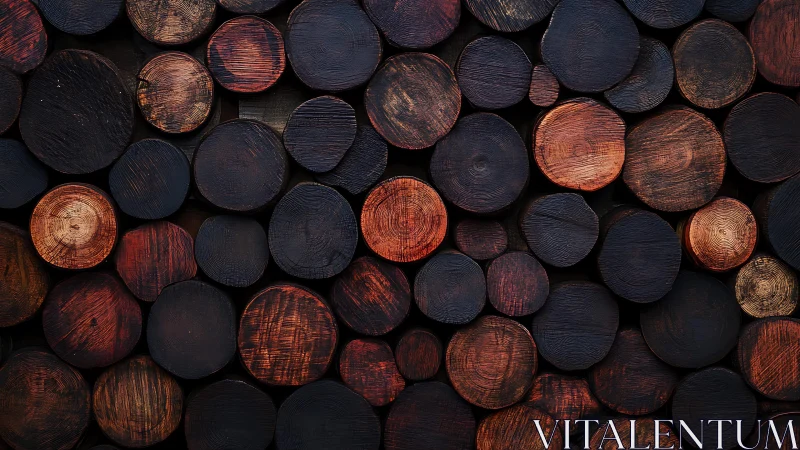 Stacked cut wood logs in a rustic, dark-toned artistic pattern.