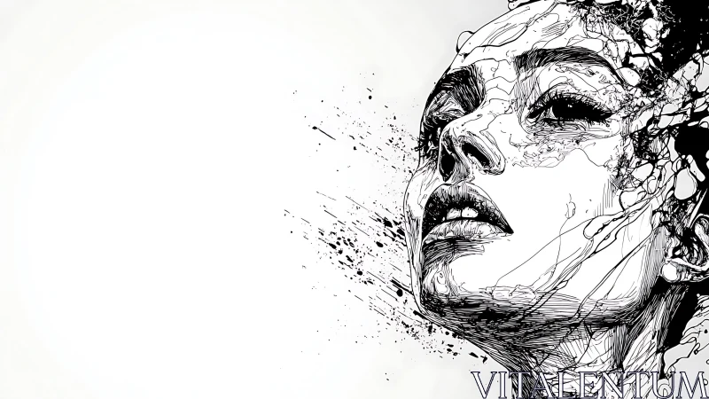 Ink-splatter contour portrait of woman in high-contrast profile