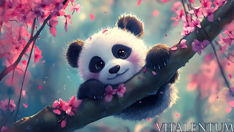 Cute panda cub on cherry blossom branch in dreamy forest.