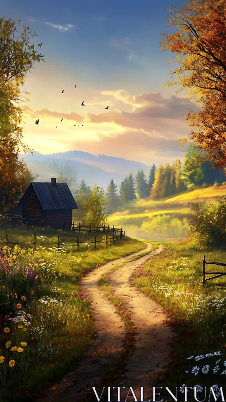 Sunlit country lane curls toward a quiet, storybook cabin.