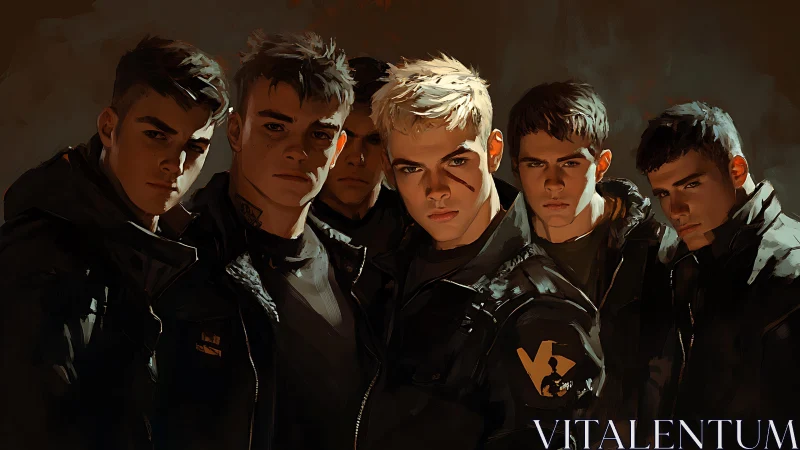 Paramilitary youth squad in low key cinematic group portrait