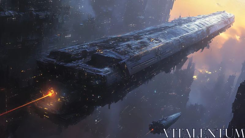 Colossal warship traverses dystopian megacity at sunrise