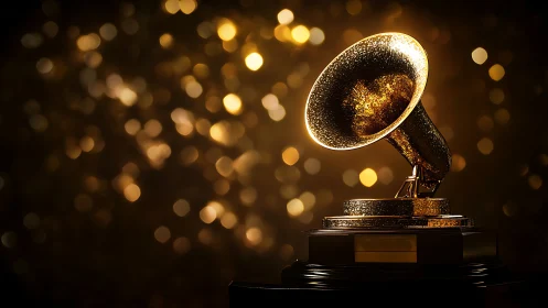 Gilded gramophone trophy basking in spotlighted golden haze.