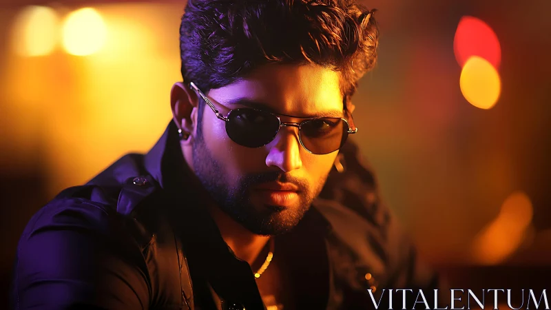Stylish man in sunglasses under warm cinematic bokeh lights