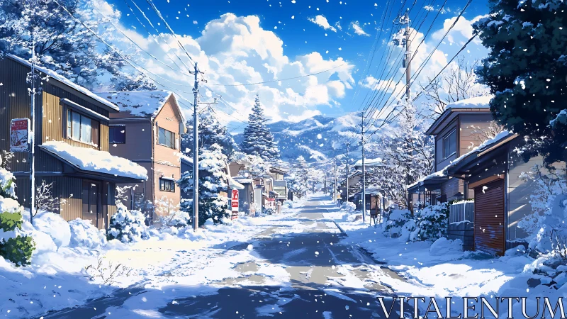 Snow covered residential street with distant mountain range.