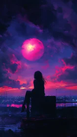 Silhouette girl under neon magenta moon at twilight skyline.