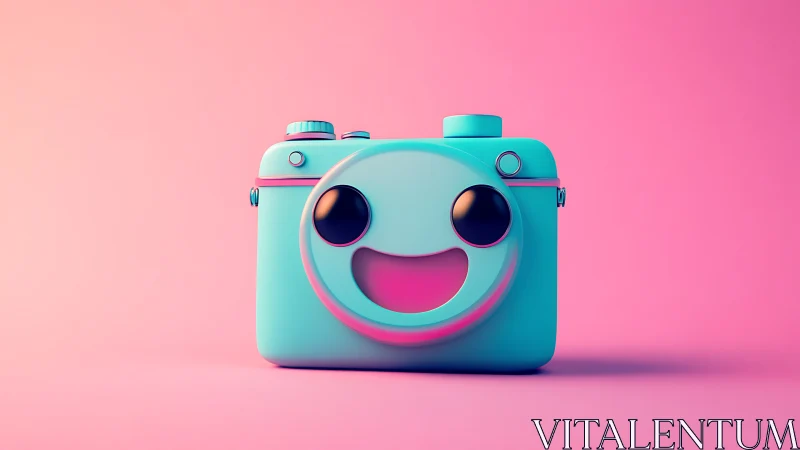 Cyan toy camera with anthropomorphic features against pink gradient background.