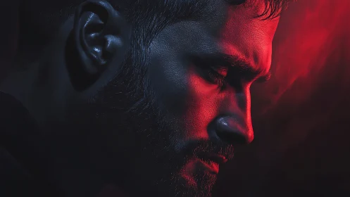 Side-lit male profile shows high-contrast red and blue lighting