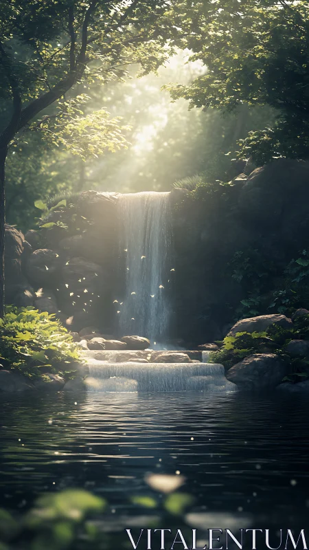 Volumetric forest waterfall with specular caustic ripples.