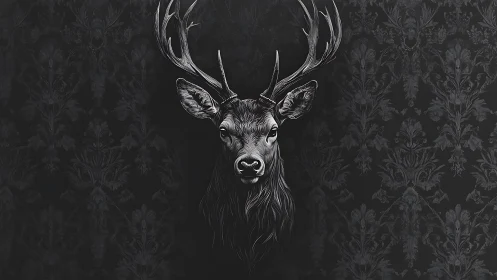 Monochrome stag illustration on dark patterned backdrop.